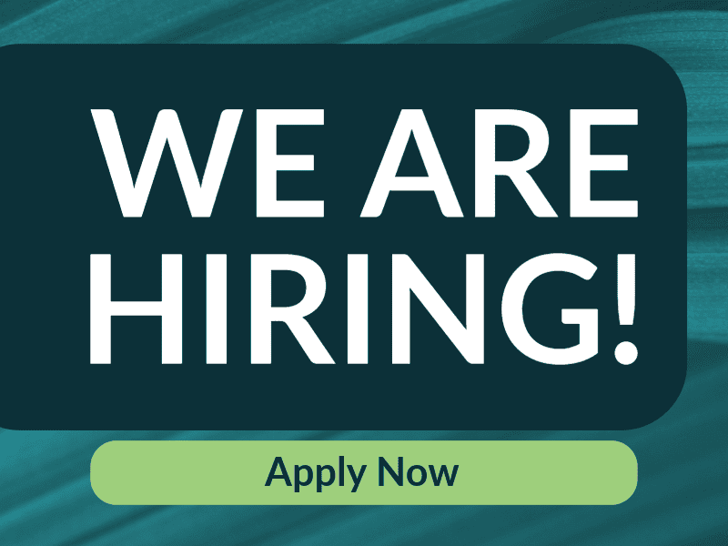 Image says "We are hiring. Apply now." against an abstract background.